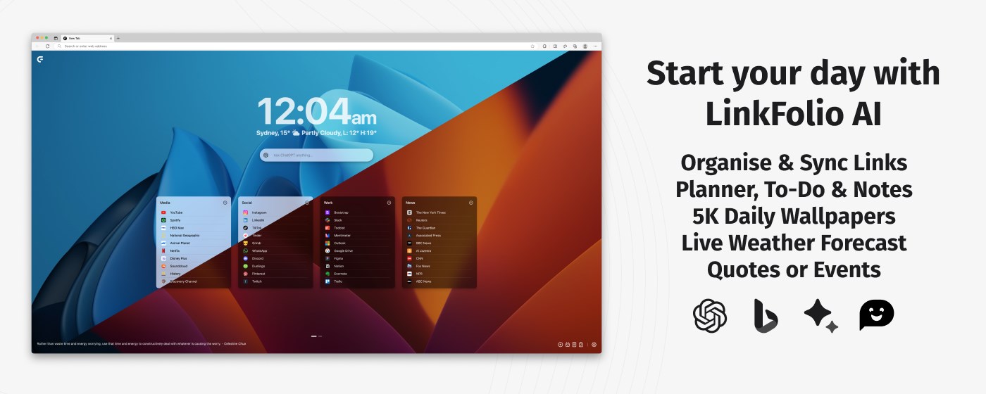 LinkFolio AI - Personalised New Tab Dashboard marquee promo image