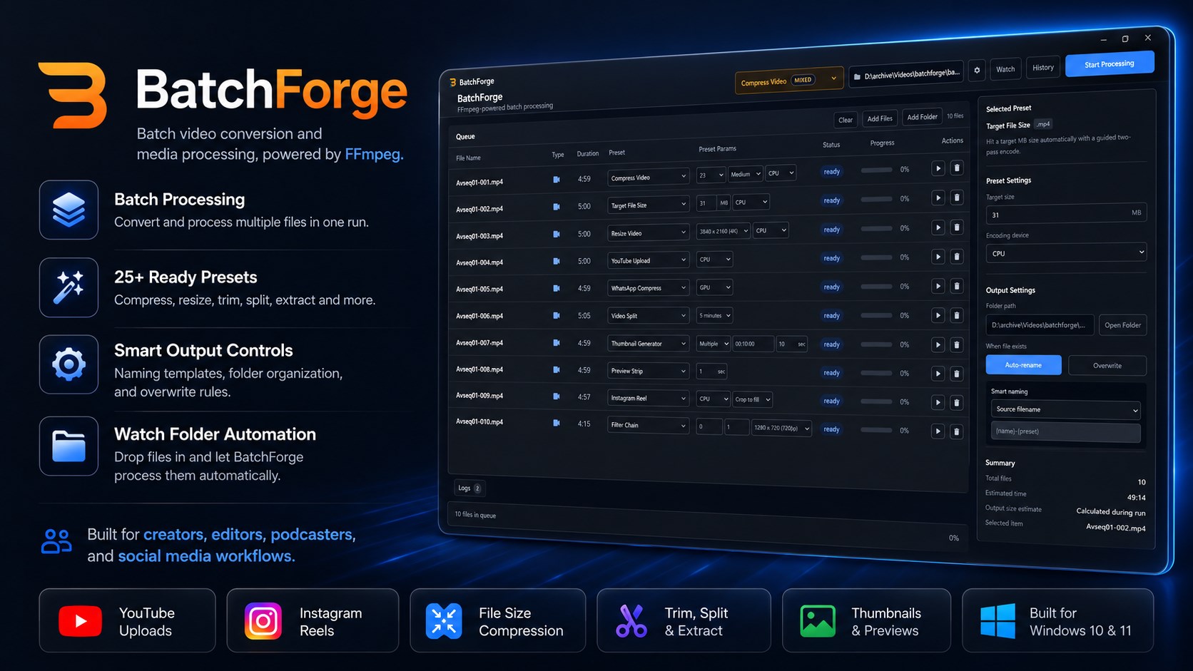 BatchForge presets screen