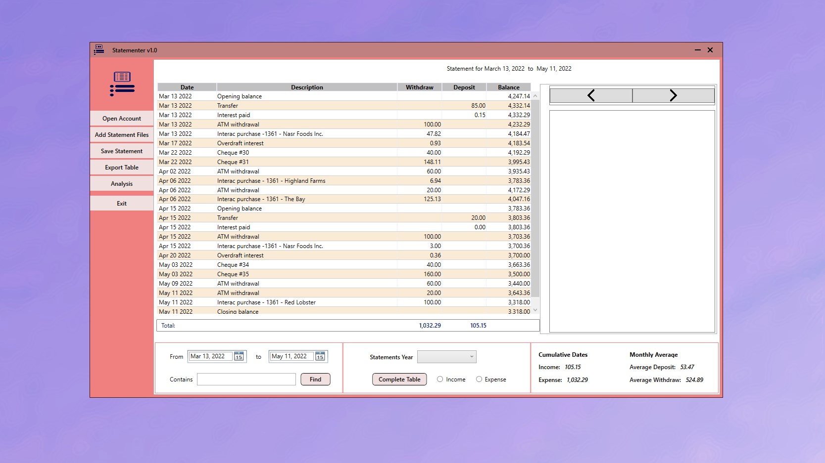 Statementer on Windows showing monthly and yearly analysis of transactions extracted from bank statements, with totals by period.