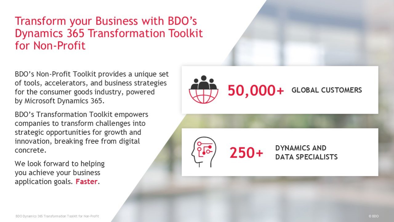 Snapshot 1 of BDO Dynamics 365 Transformation Toolkit for Non-Profit