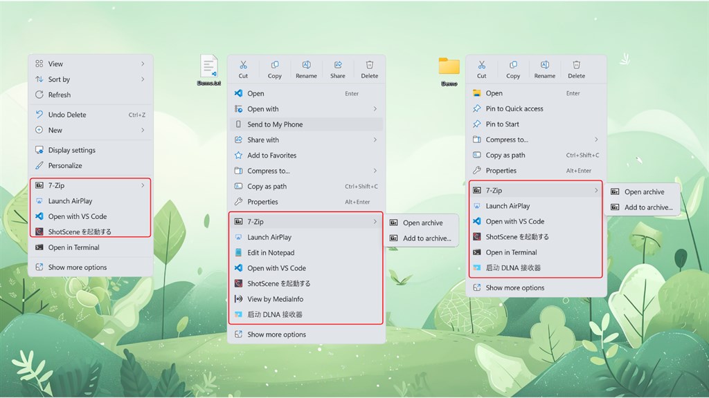Custom commands shown in the Windows 11 right-click menu, including a nested submenu