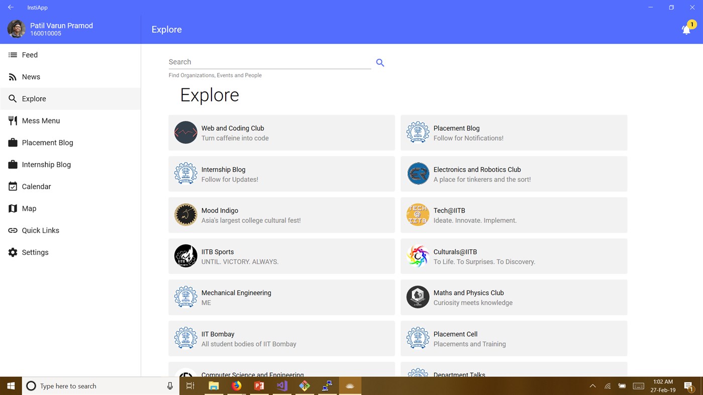 #2. InstiApp (Windows) Podle: Web and Coding Club, IIT Bombay