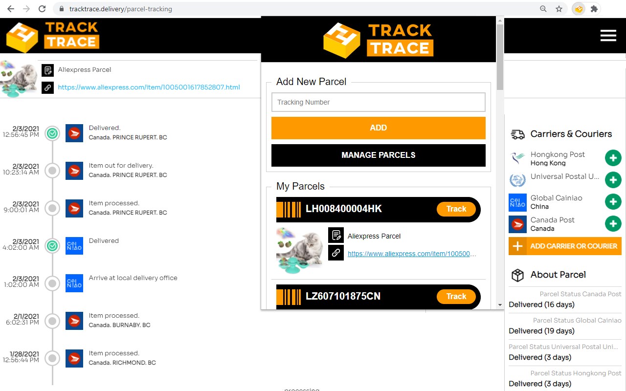 Track & Trace Parcels. Search Tab