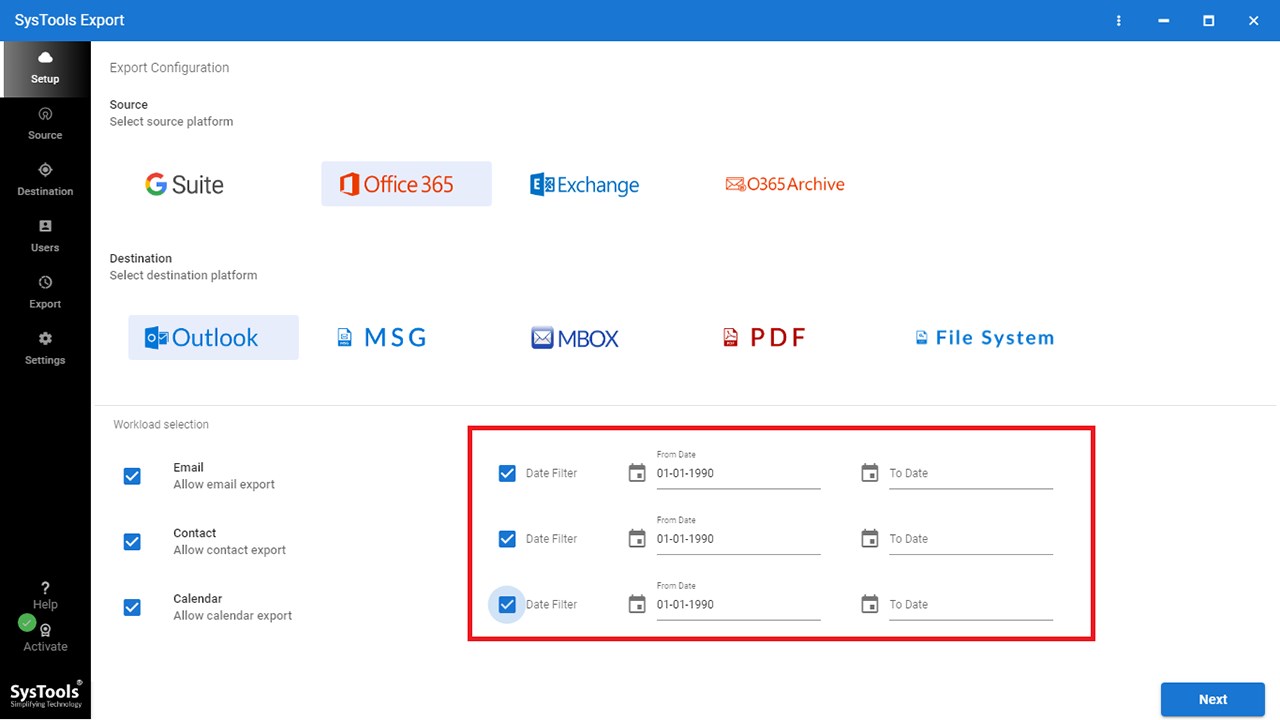 Snapshot 3 of SysTools For Office 365 Export Tool