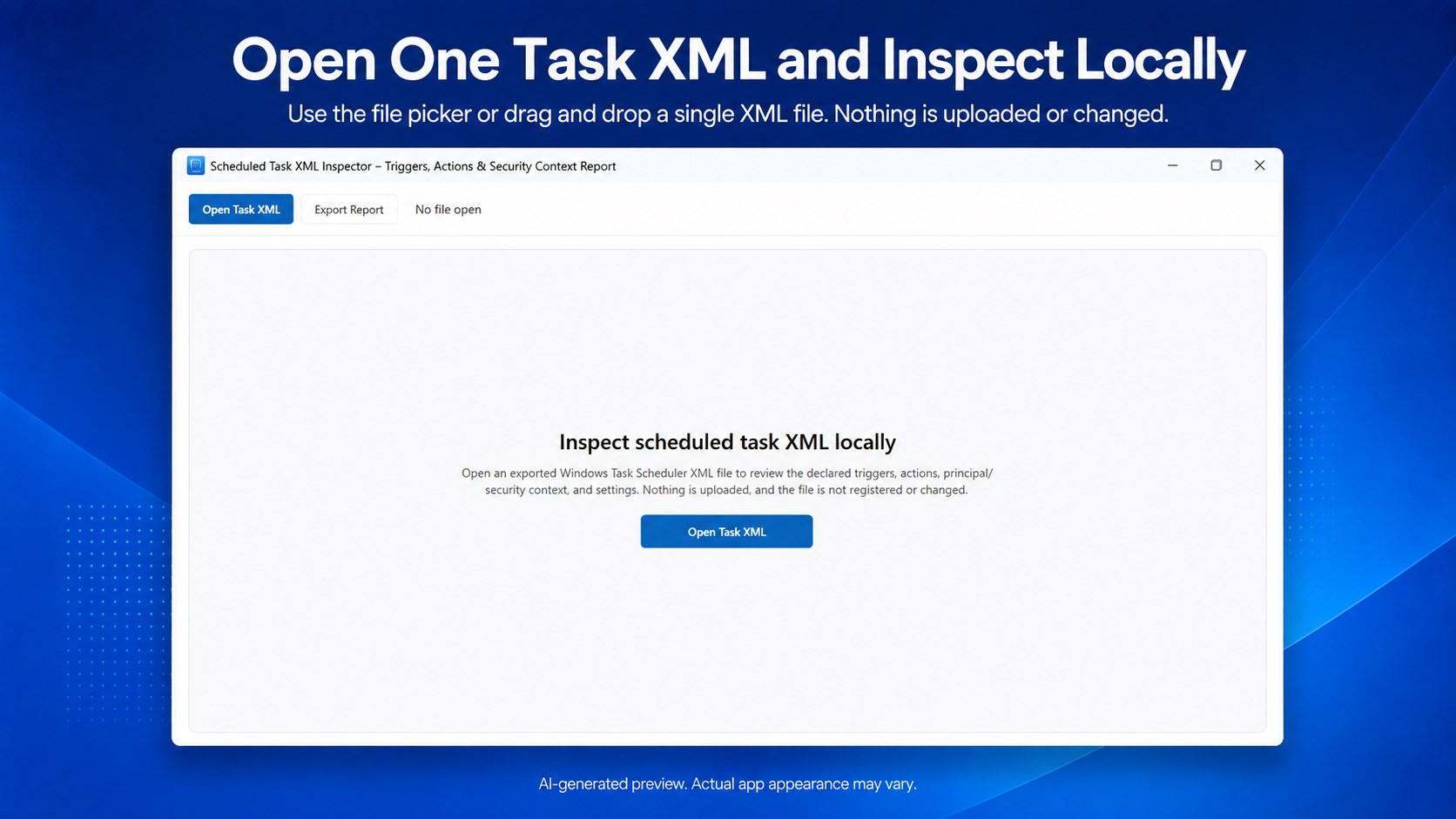 Scheduled Task XML Inspector – Triggers, Actions & Security Context Report screenshot