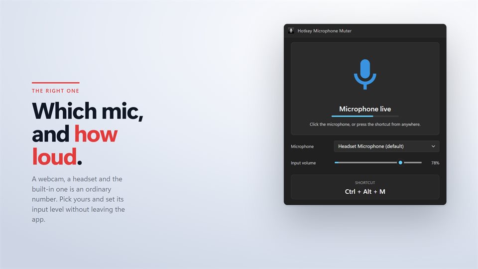The app window with the microphone picker, an input volume slider at 78% and the shortcut