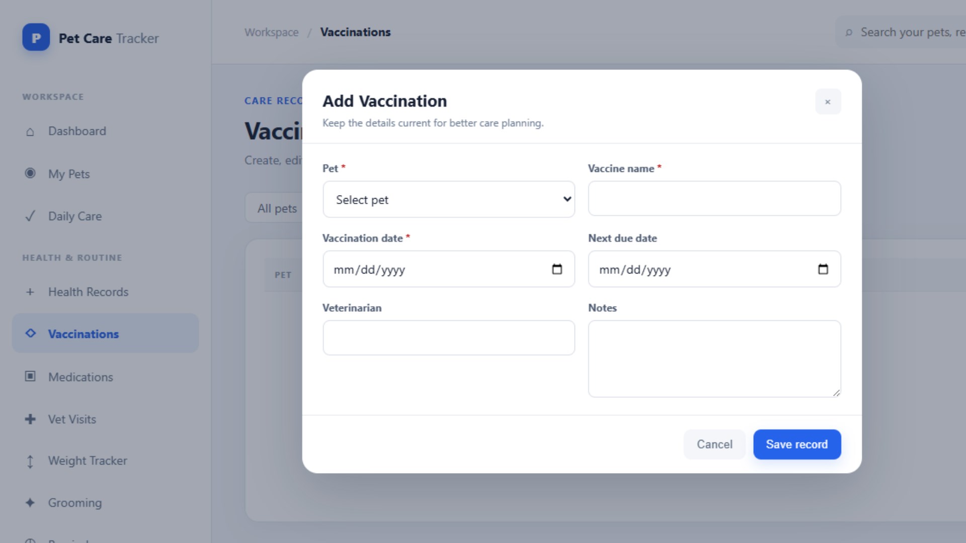 Pet Care Tracker screenshot