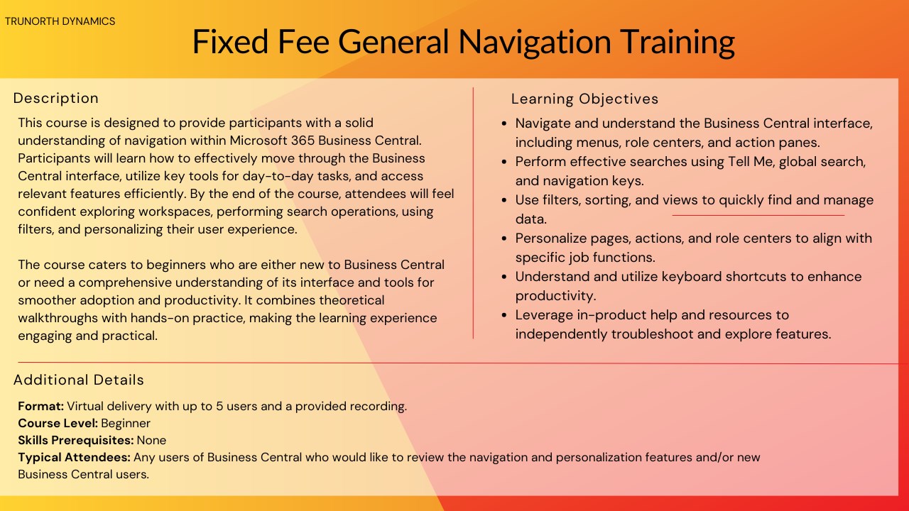 Snapshot 1 of General Navigation Fixed Fee Training for Dynamics 365 Business Central