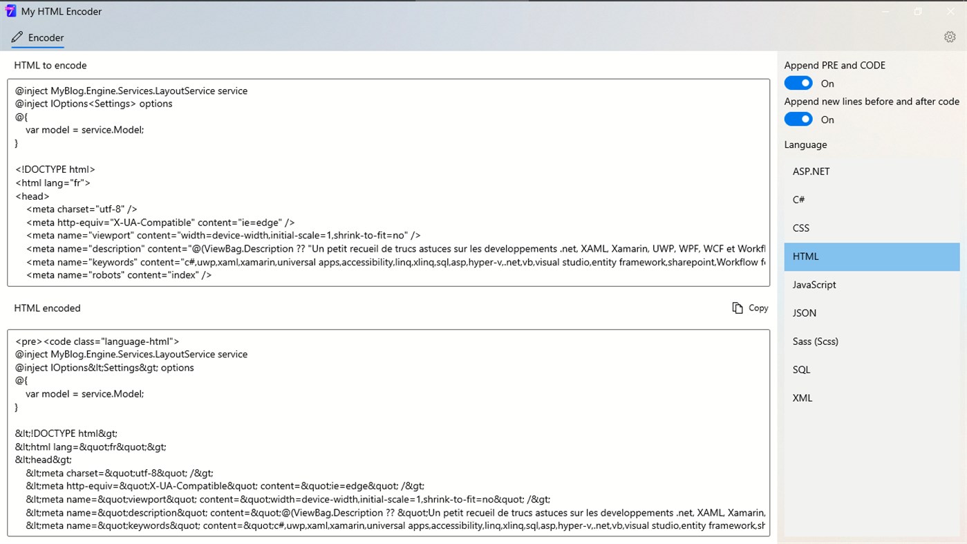 #1. MyHtmlEncoder (Windows) 由: Jeremy JEANSON