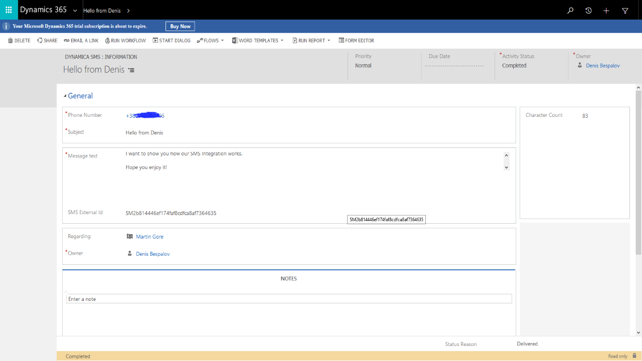 Snapshot 1 of Dynamica SMS Integration