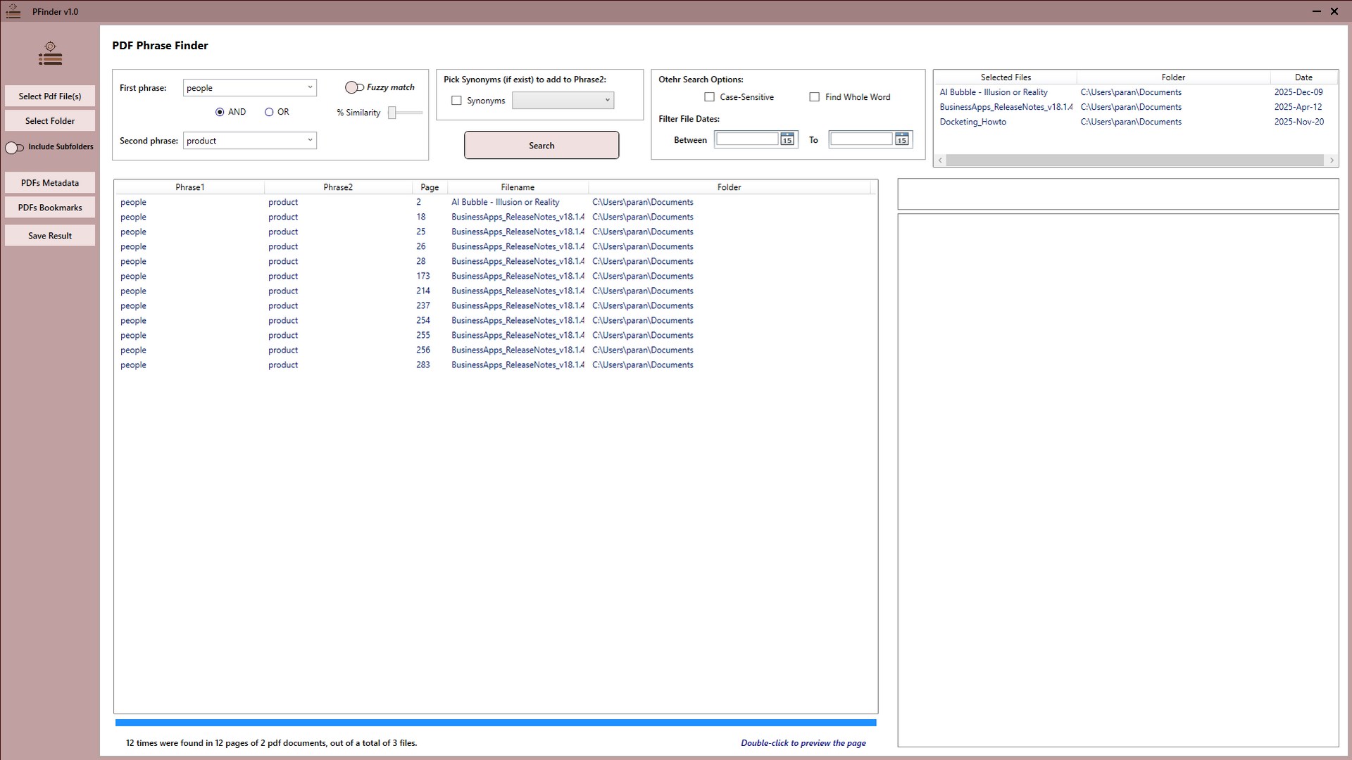 PFinder on Windows searching a phrase across a folder of loaded PDF documents and listing every match with the document it came from.