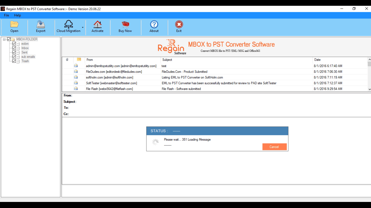 Snapshot 3 of Regain for MBOX to IMAP Migration