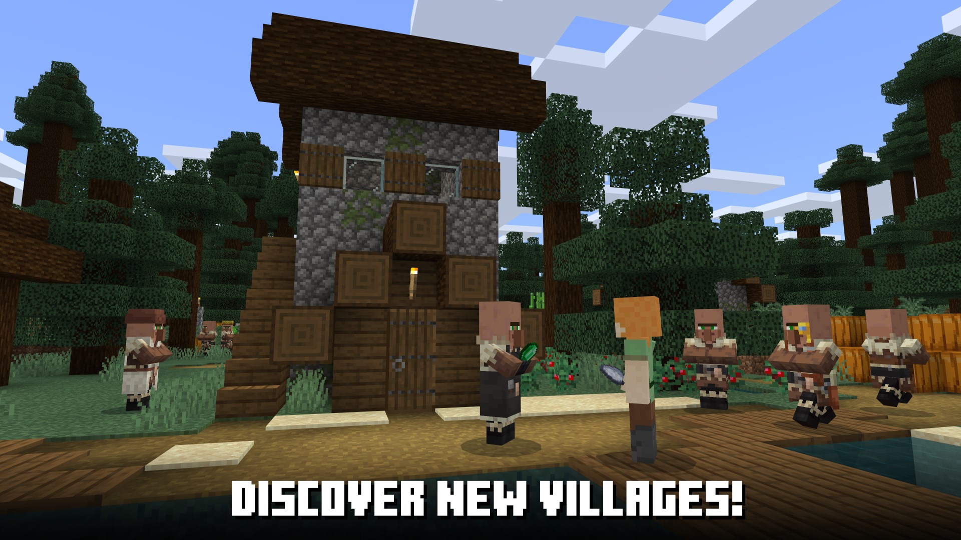 A player meets several villagers in a forest village, with one villager holding out an emerald to trade