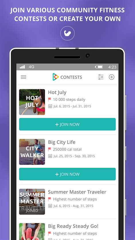 Screenshot: Join various community fitness contests or create your own
