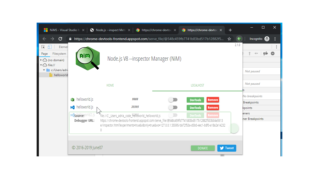 Node.js V8 --inspector Manager (NiM)