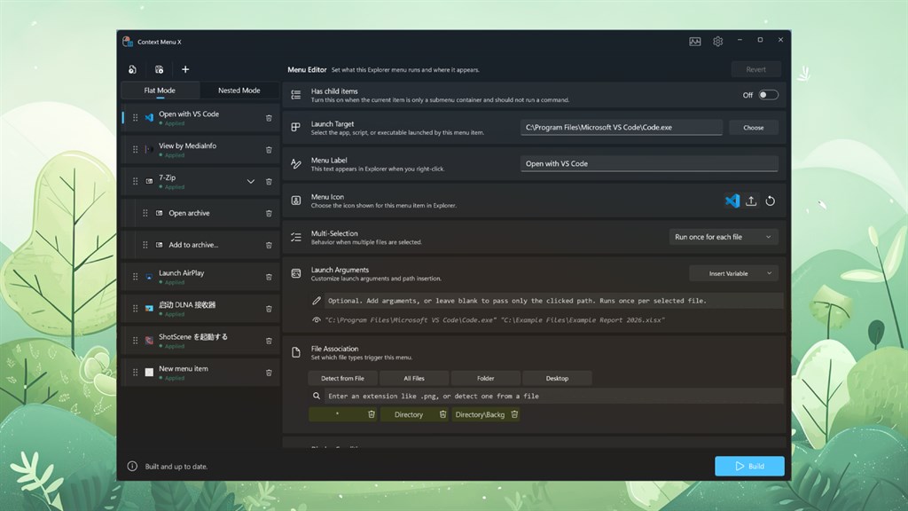 Context Menu X editor: launch target, label, icon, multi-selection, arguments and file-type rules