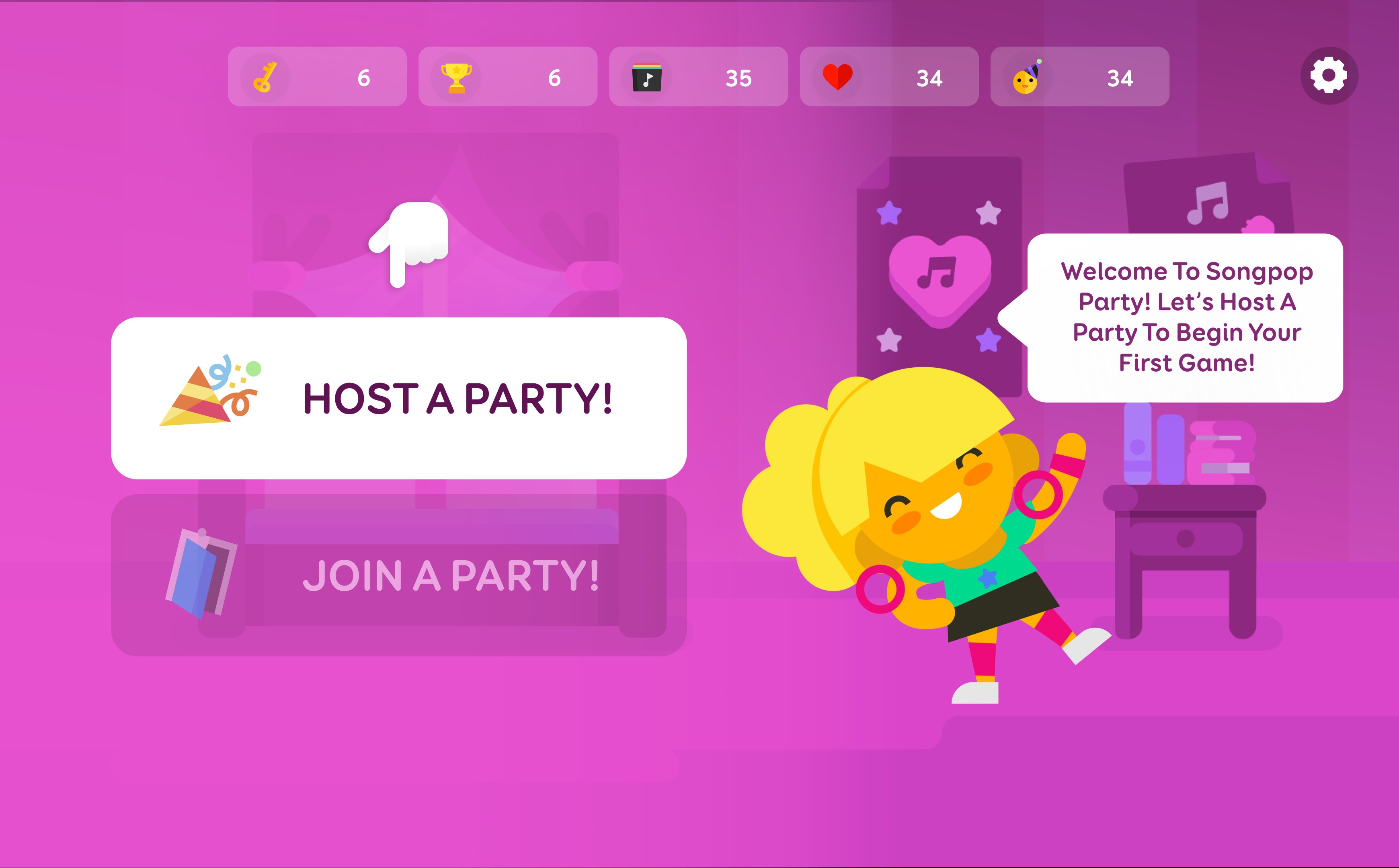 Welcome Screen & Host a Party.