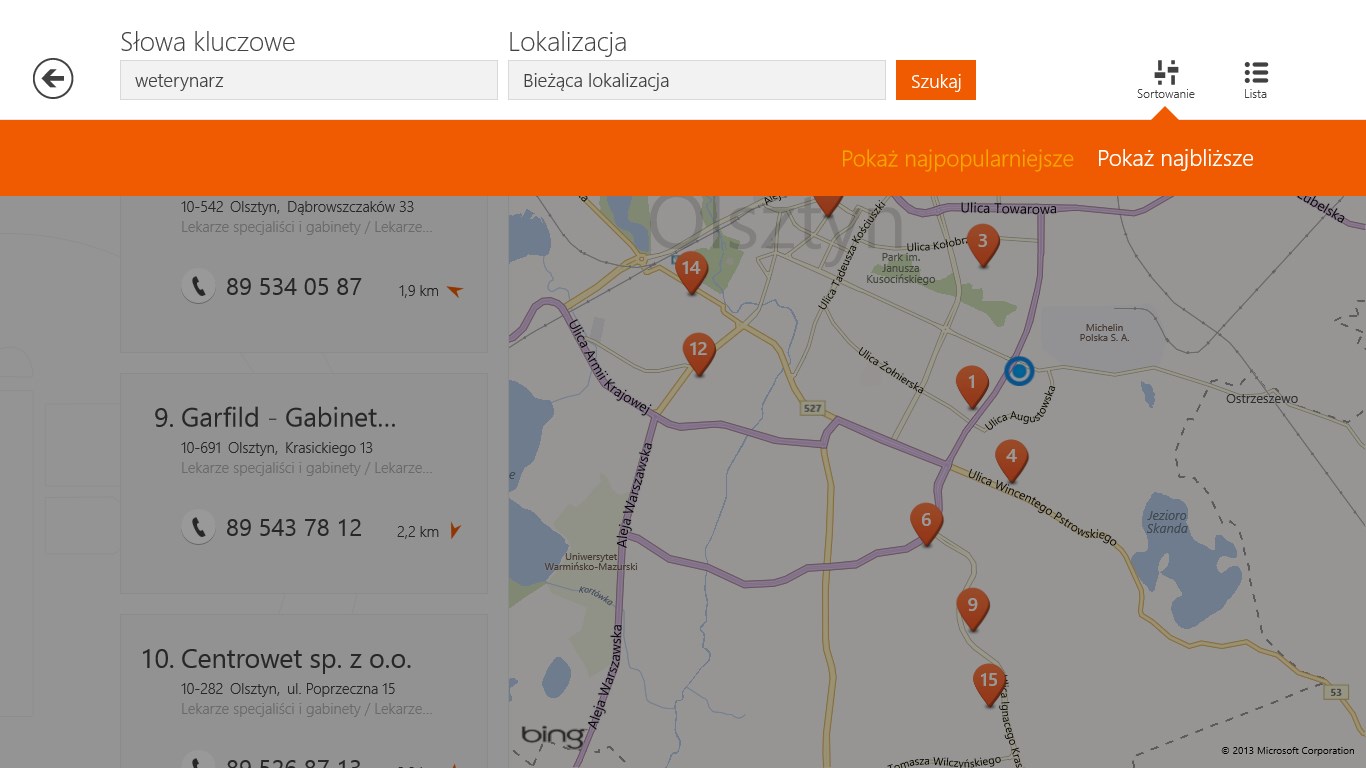 Sortowanie - możesz sortować znalezione firmy pod względem popularności lub odległości od Twojej lokalizacji.