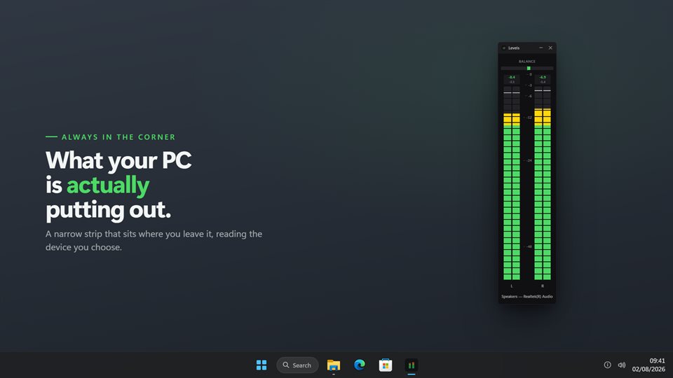A narrow Audio Levels Monitor strip parked at the edge of a Windows 11 desktop