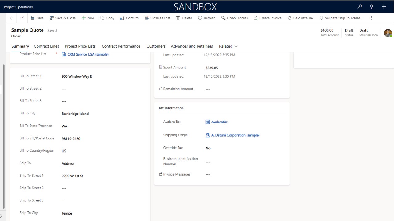 Snapshot 3 of Avalara for Dynamics 365 Project Operations