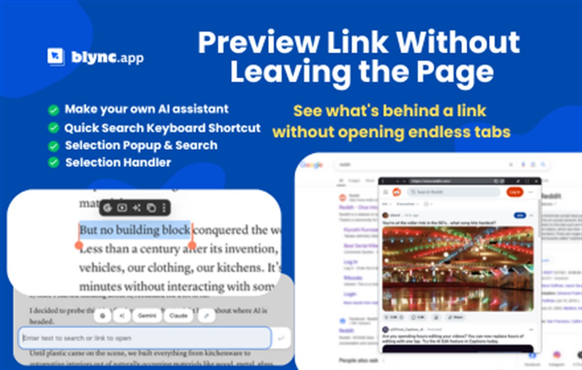 Blync: Preview Links, Selection Search and AI Sidebar & Popup