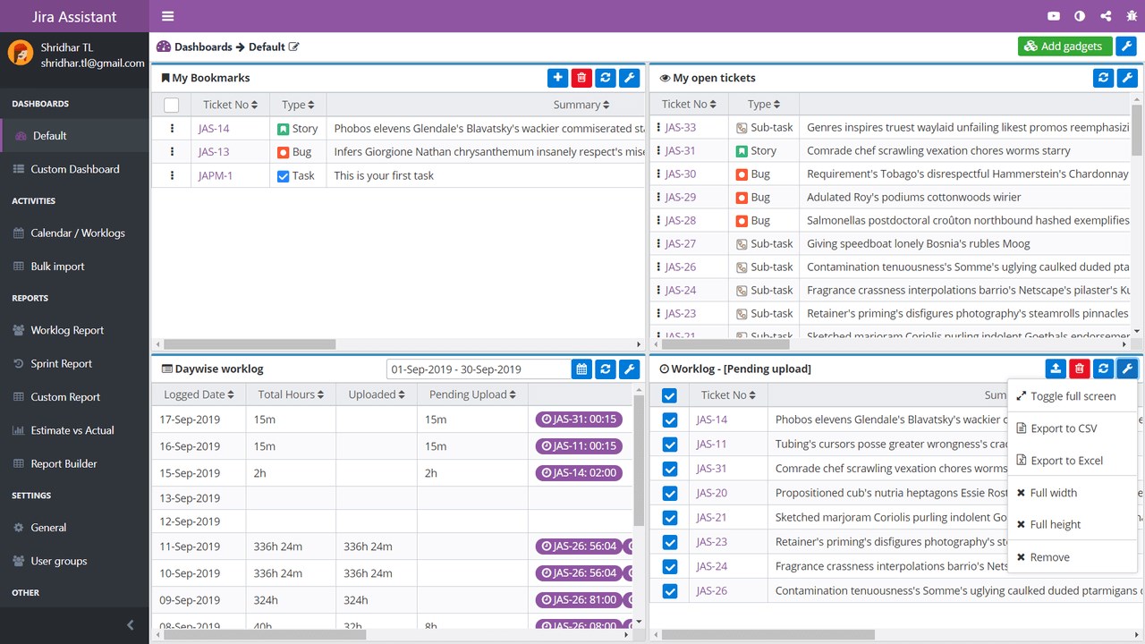 Jira Assistant: Worklog, Sprint report, etc