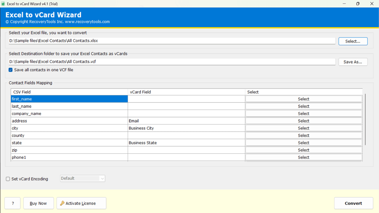 Snapshot 3 of RecoveryTools For Excel to vCard Converter