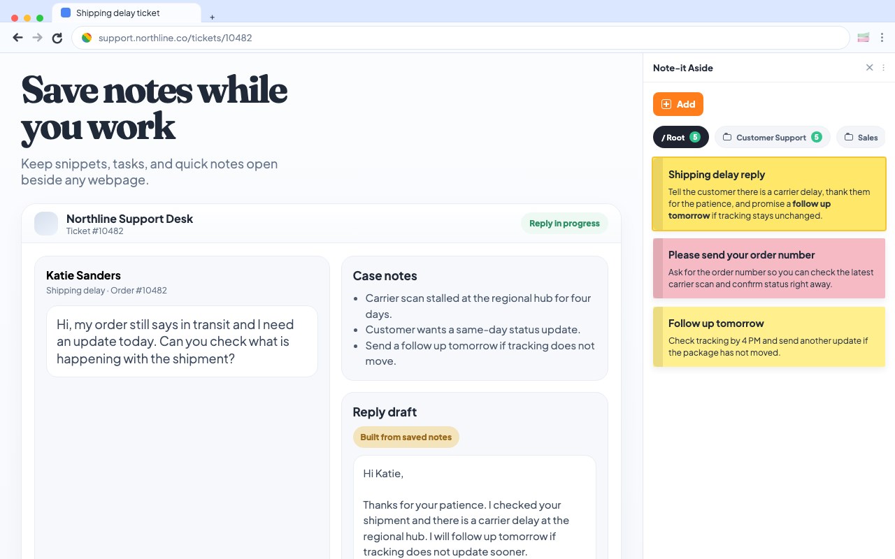 Sticky Snippets · Note-it Aside · Customer Service, Sales & IT Support