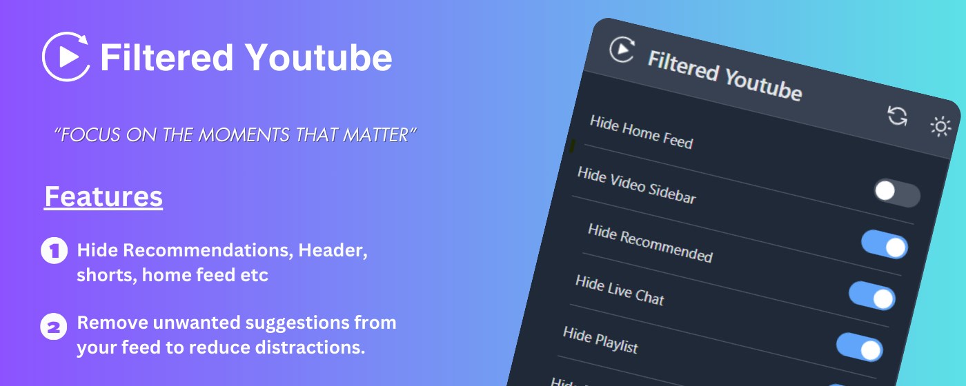 Filtered Youtube - Remove YouTube Recommended & Shorts marquee promo image