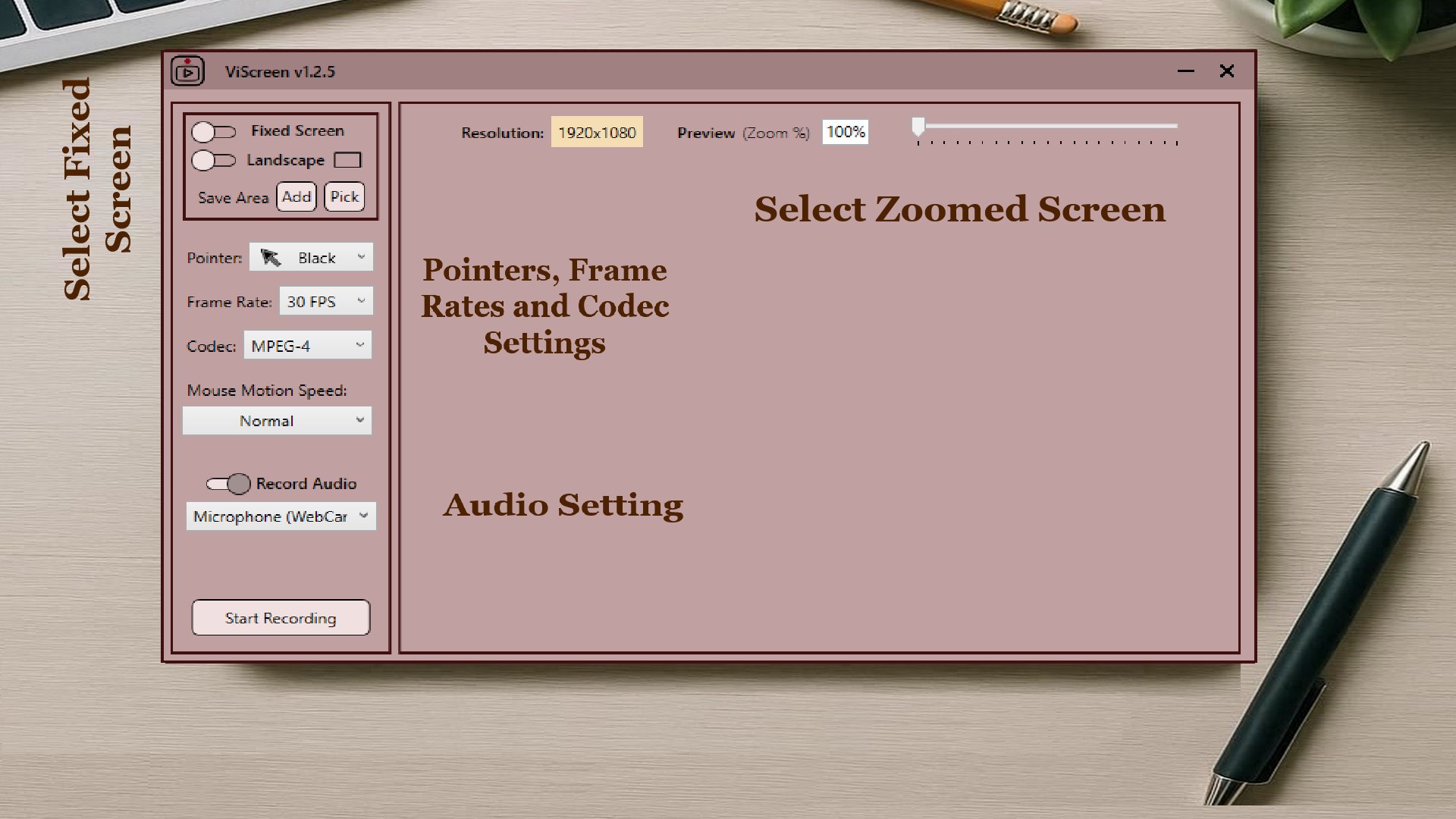 ViScreen recording settings on Windows, showing capture area, frame rate, codec and audio options in a one-time-purchase desktop application.