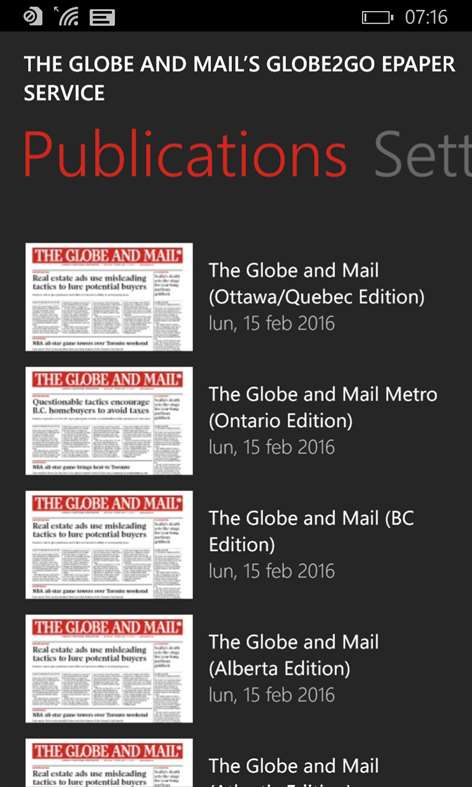 The Globe and Mail's Globe2Go ePaper service Screenshots 1