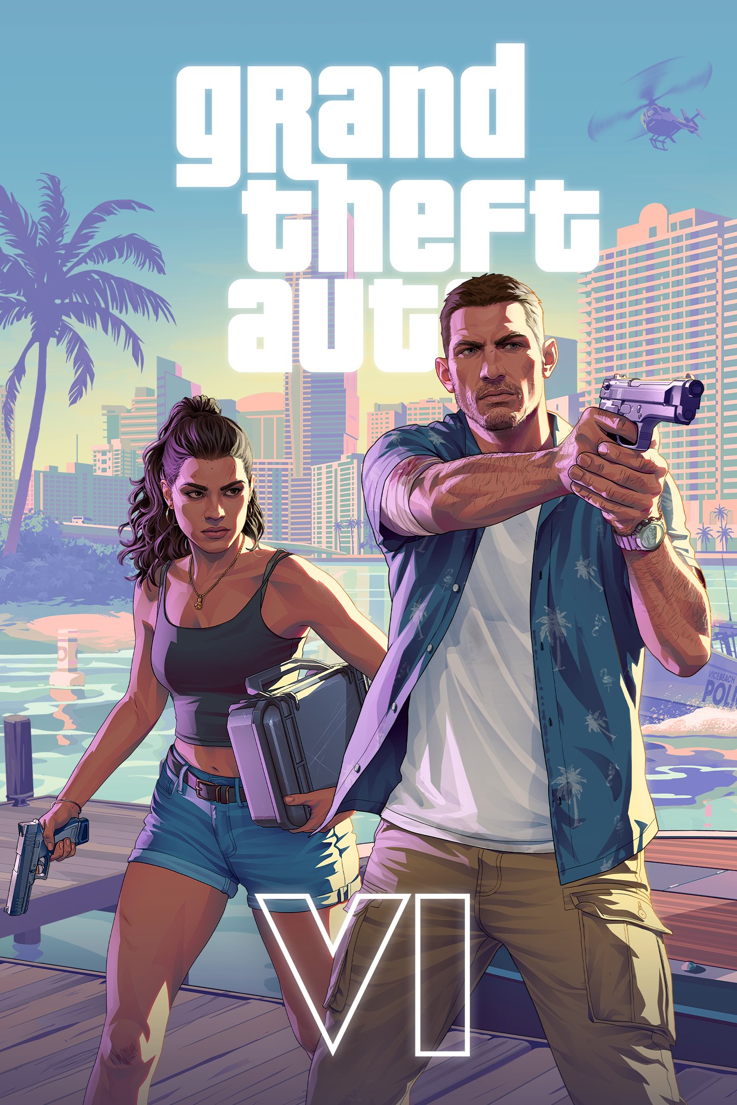 Grand Theft Auto VI cover art showing two armed characters standing on a dock with a tropical city skyline, palm trees, and a helicopter in the background.