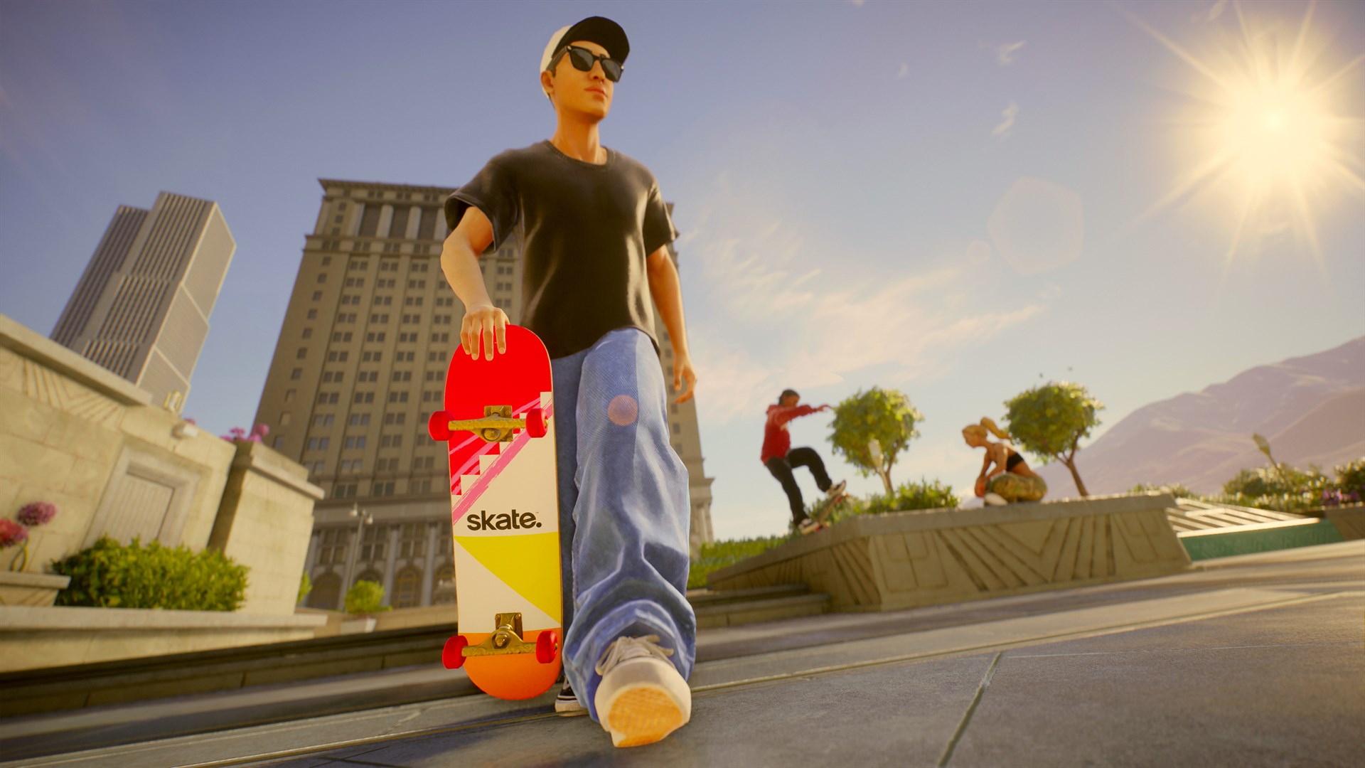 一名滑板手在充滿霓虹燈的夜間城市街道上滑行