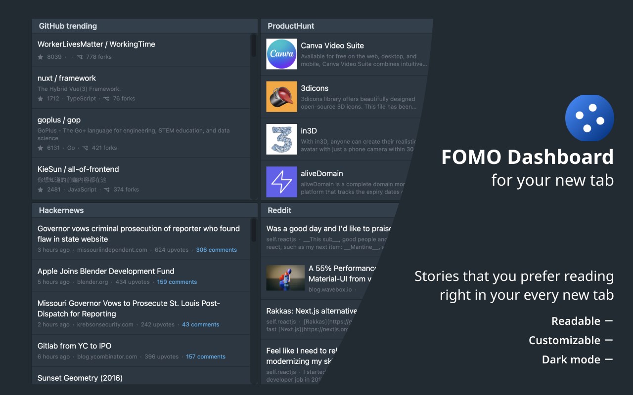 FOMO - A new-tab dashboard made for you