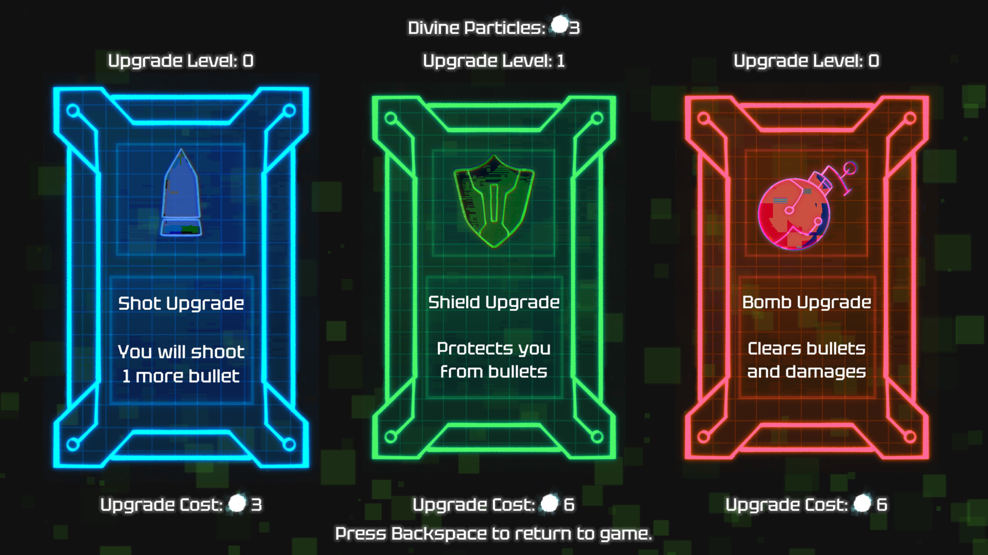 遊戲升級選單，顯示射擊、護盾與炸彈的強化選項