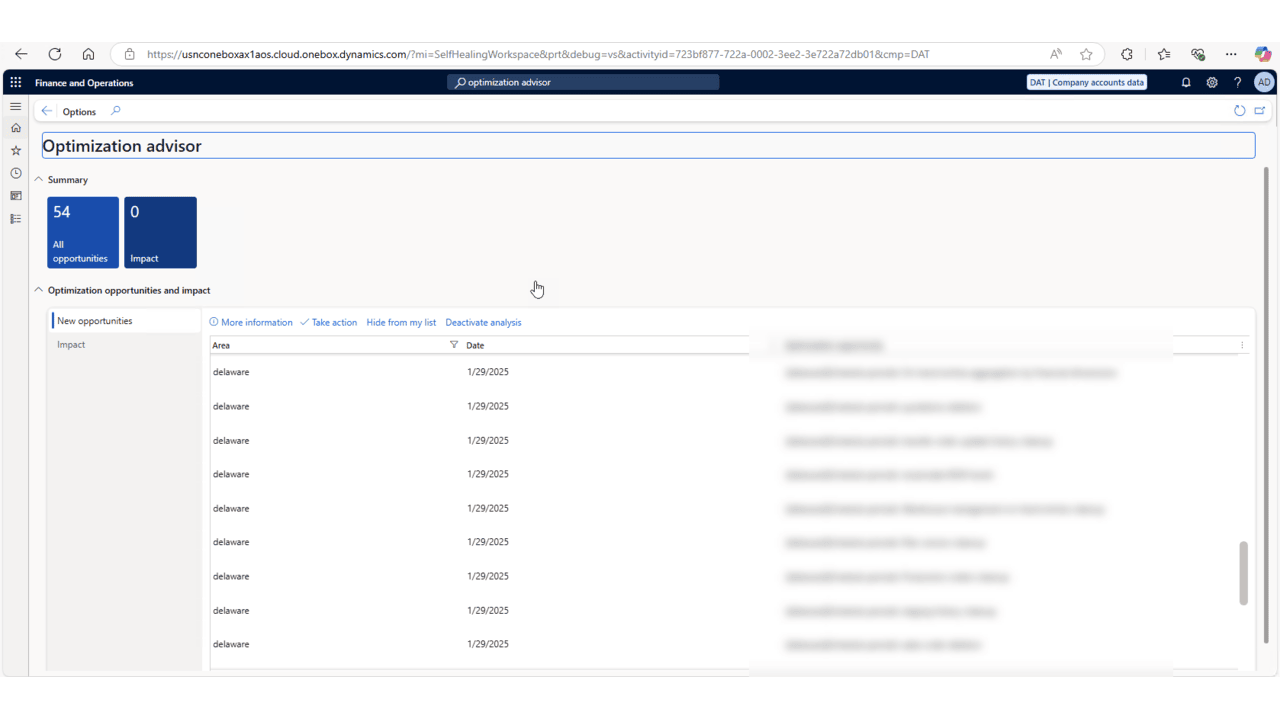 Snapshot 1 of delaware optimization advisor extension on standard D365