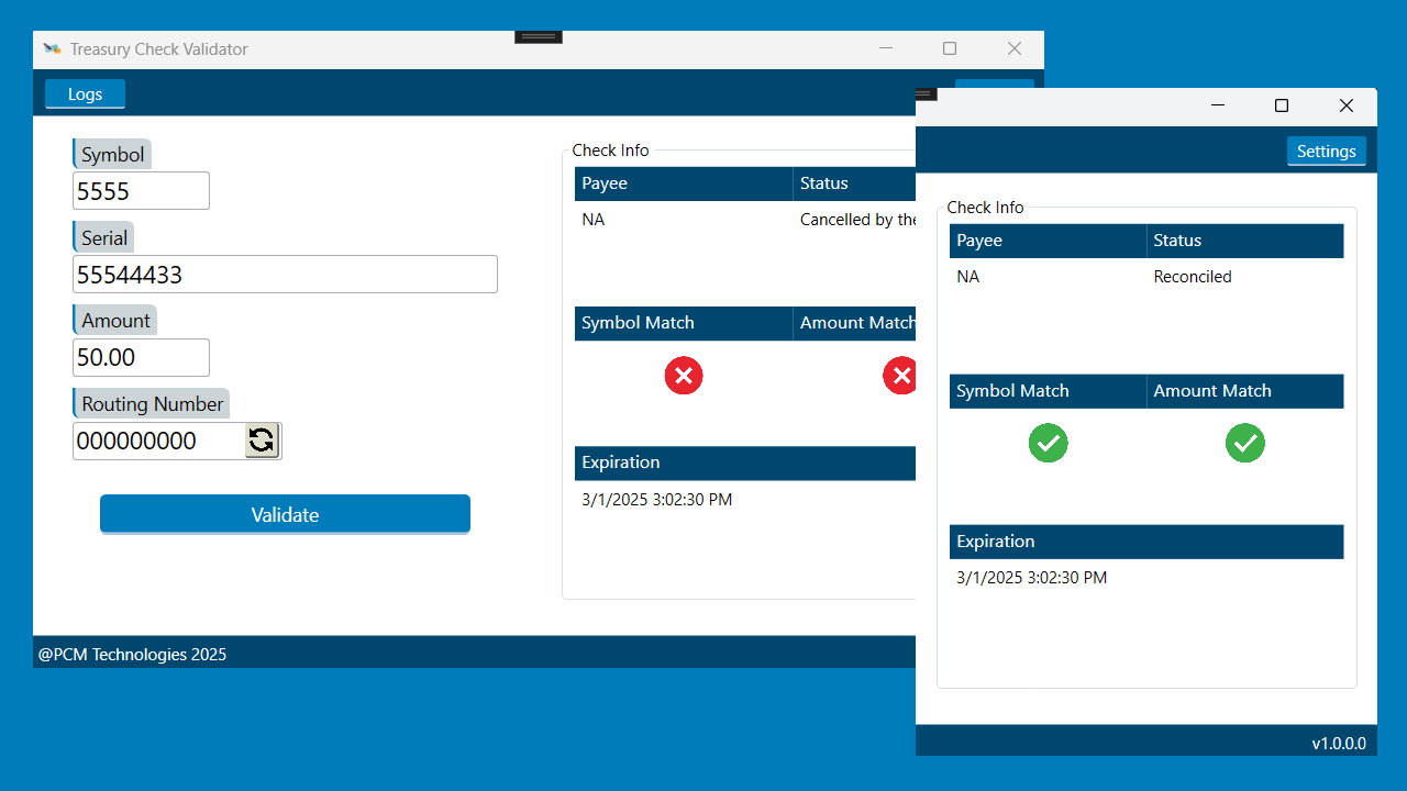 Snapshot 1 of Treasury Check Validator