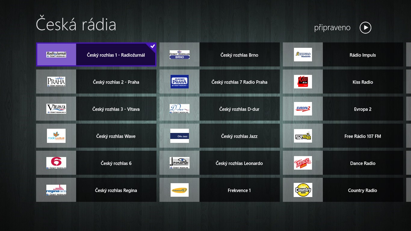 Hlavní obrazovka se seznamem rádií