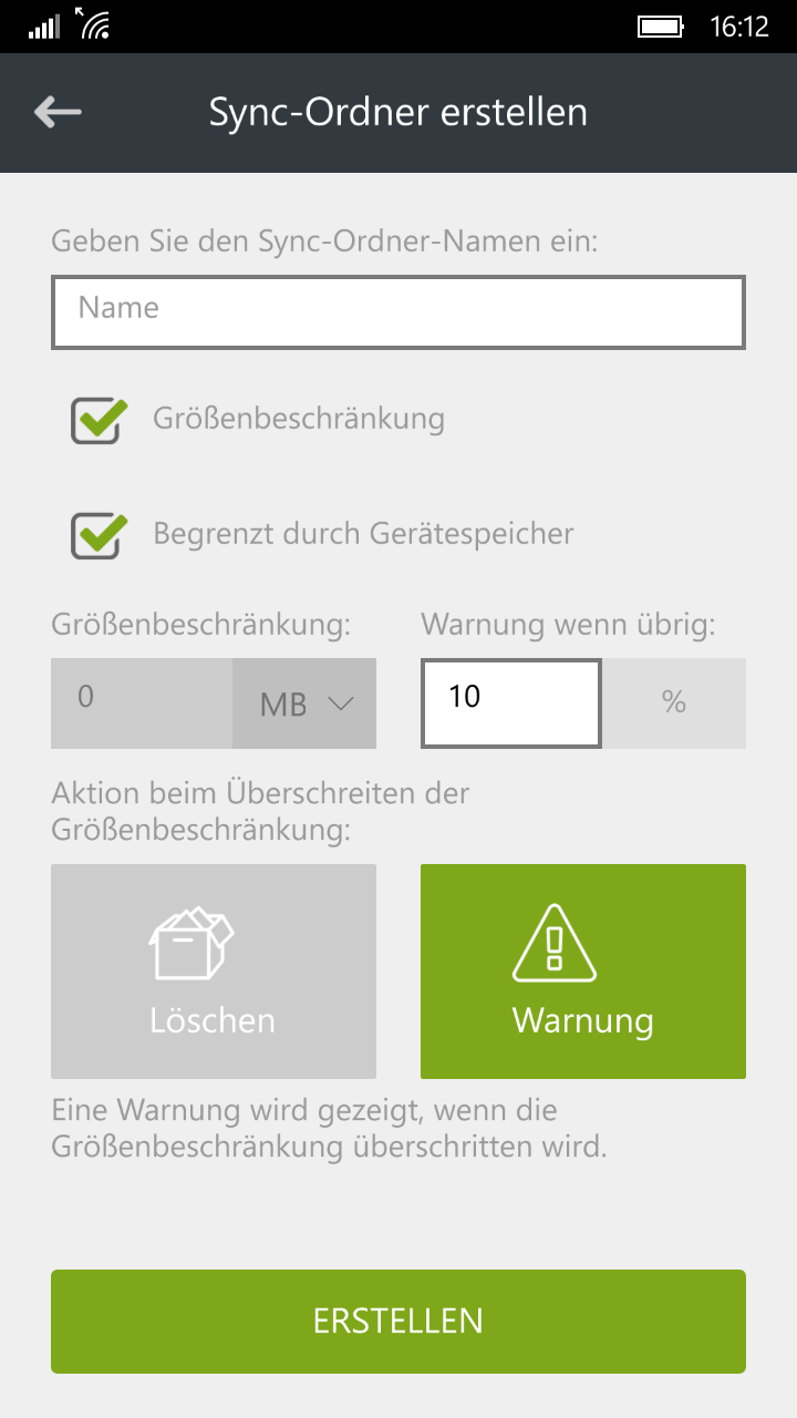 Neuer Sync-Ordner mit optionalen Beschränkungen