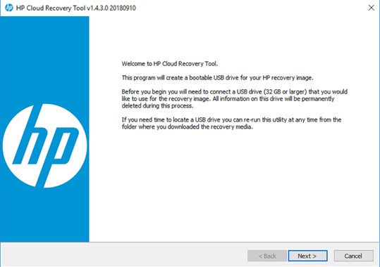 HP Cloud Recovery Tool screenshot 1