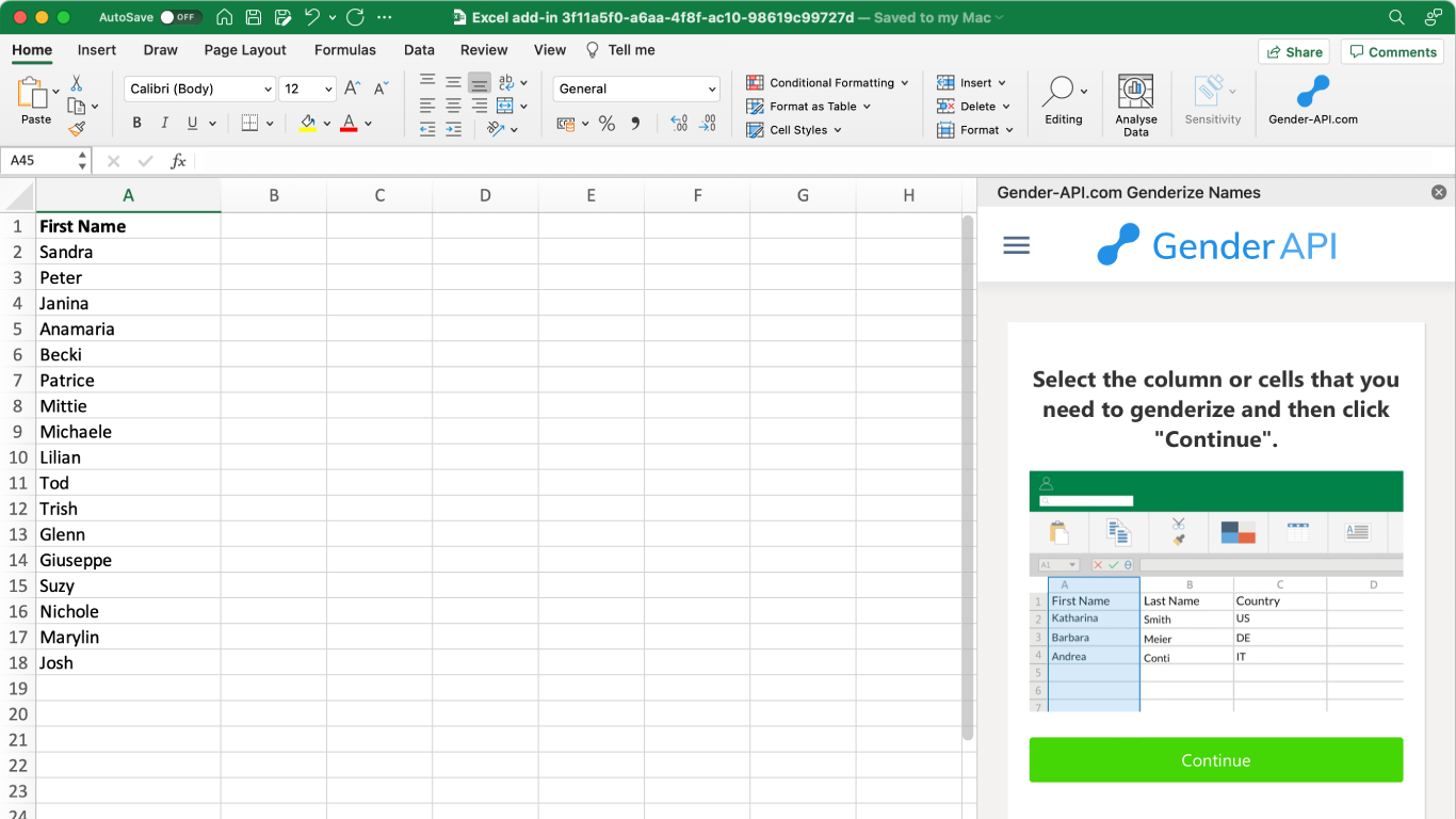 Genderize names in Microsoft Excel - Gender API - Determines the