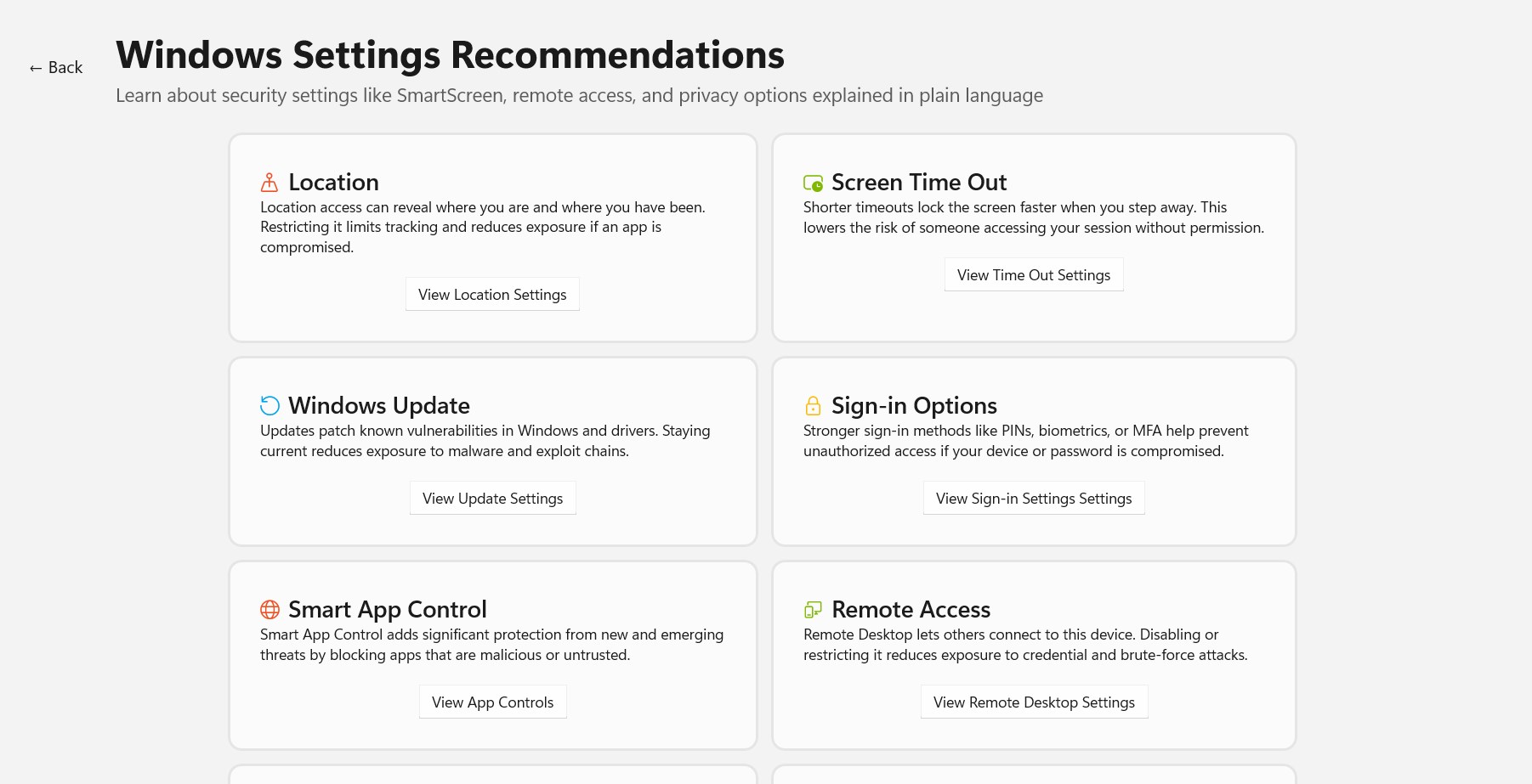 Security settings recommendations
