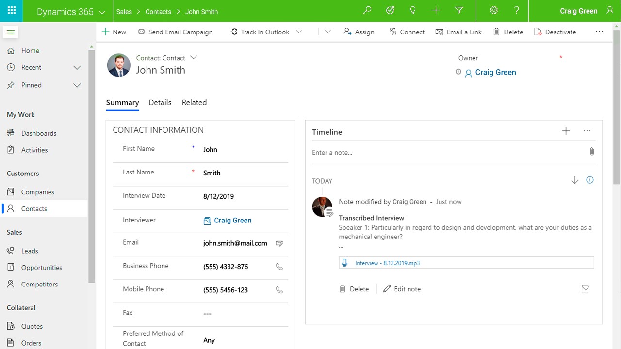 Snapshot 1 of Voice Recognition for Dynamics 365 CRM