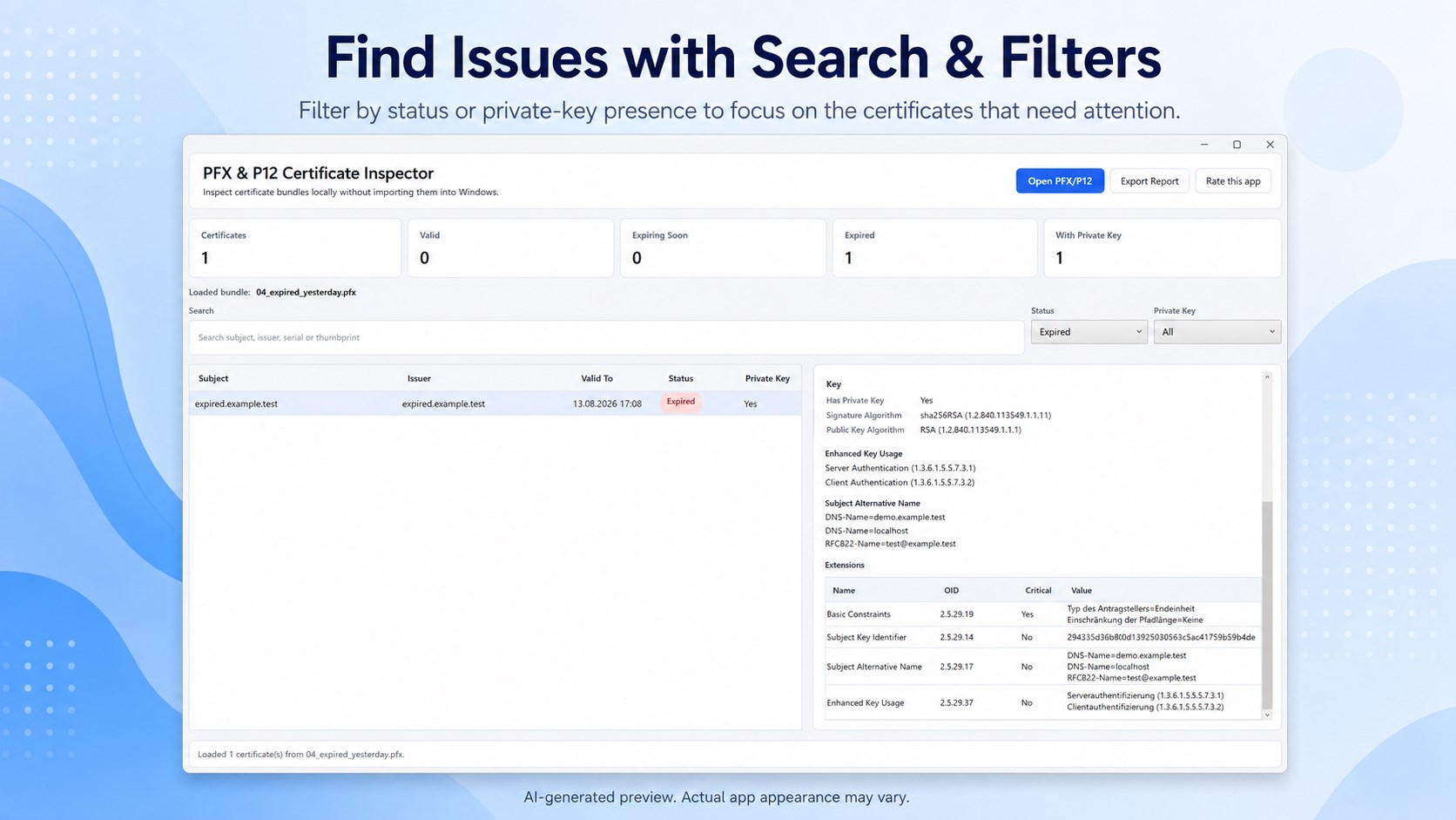 PFX & P12 Certificate Inspector screenshot