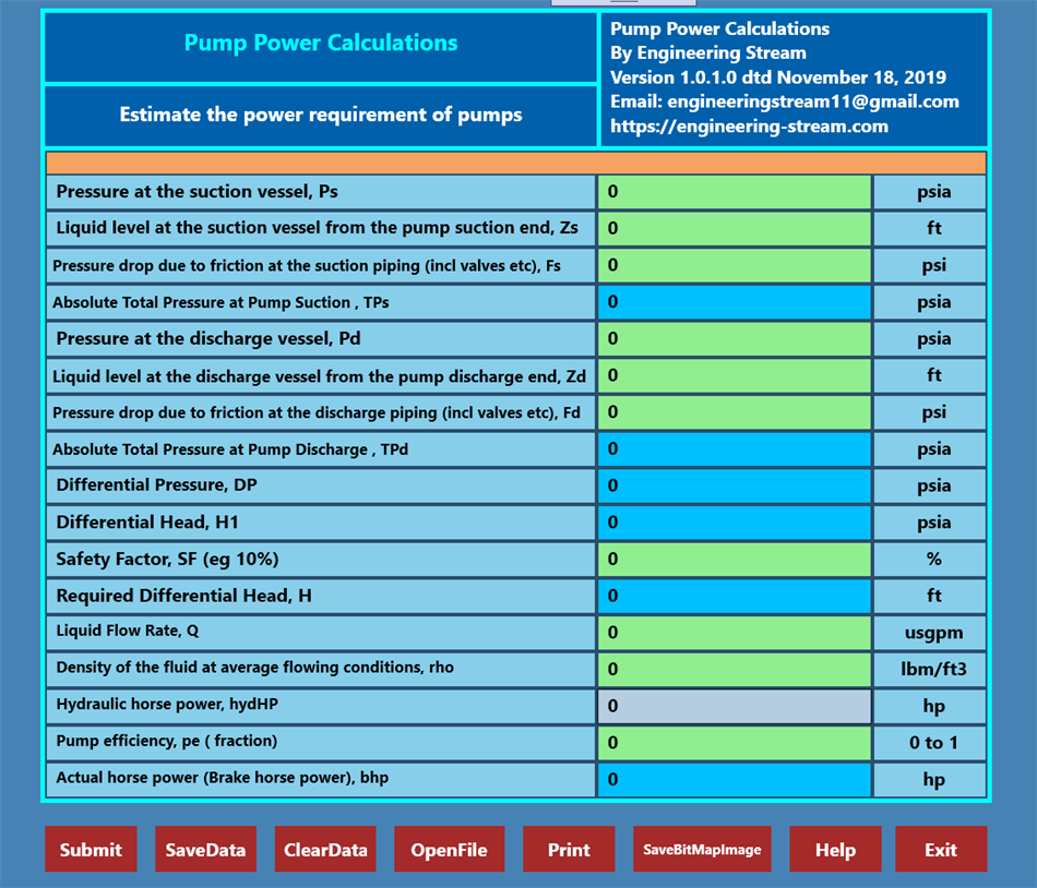 Pump Power Calculations (Windows) 由: Engineering-Stream