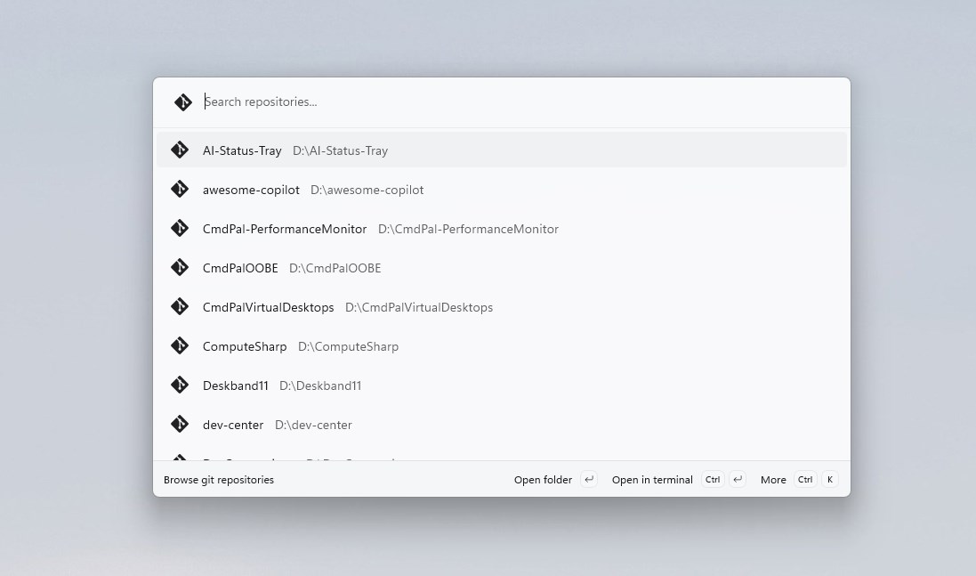 Git repositories for Command Palette screenshot