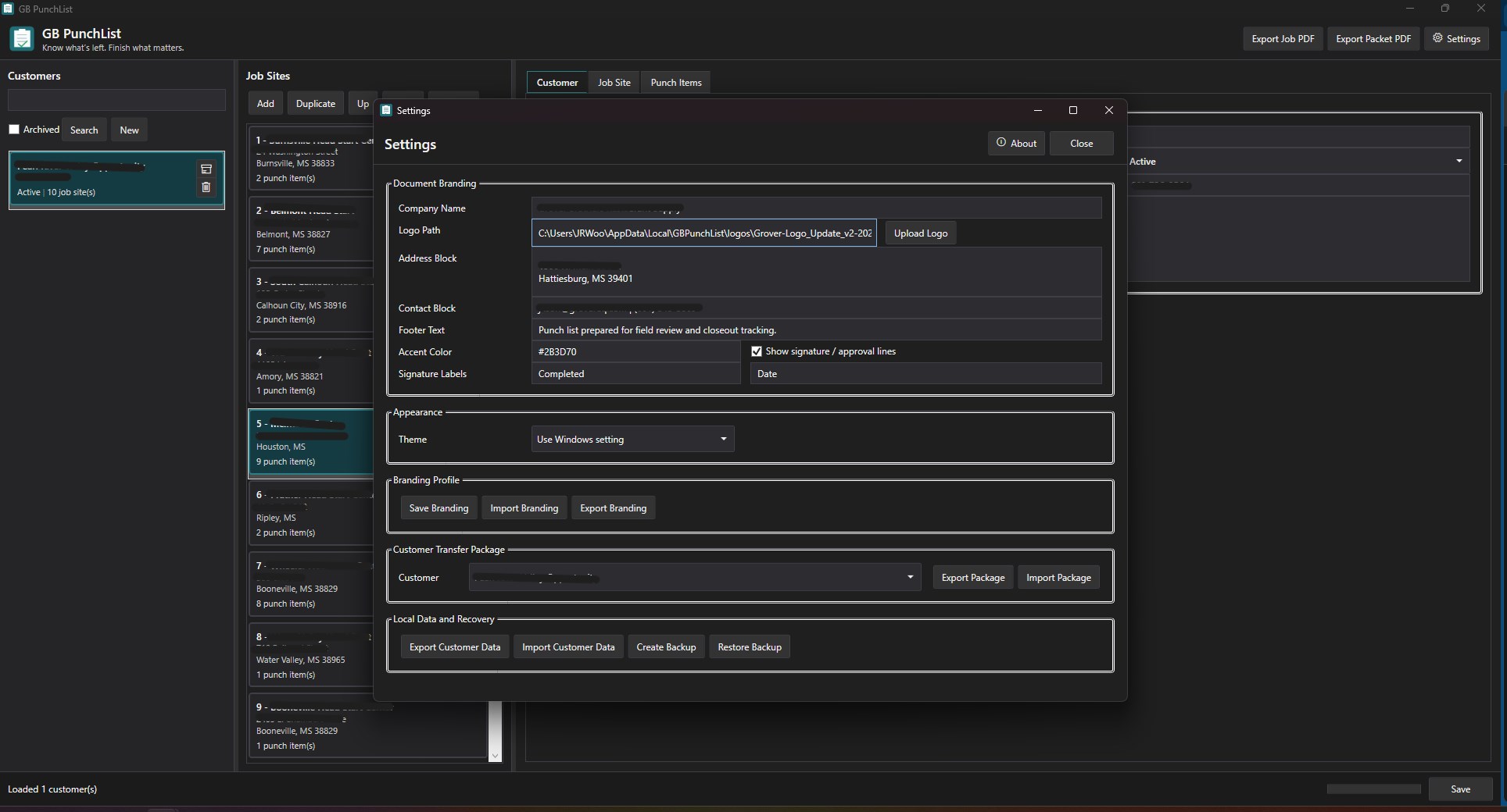 GB PunchList - Settings and branding options