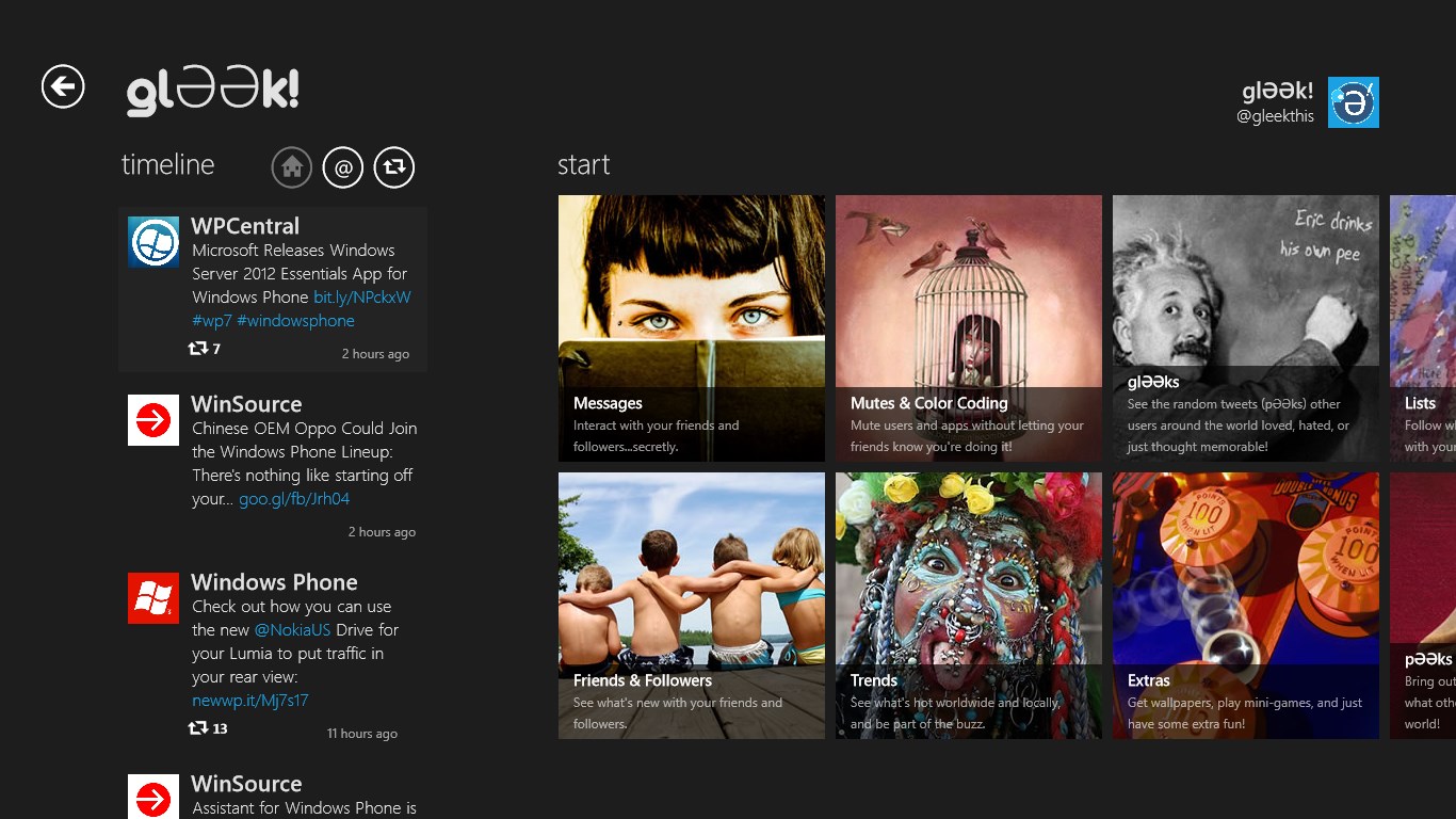 Screenshot: Full timeline support, including Mentions & Retweets. Tons of areas to discover without cluttering up lists!