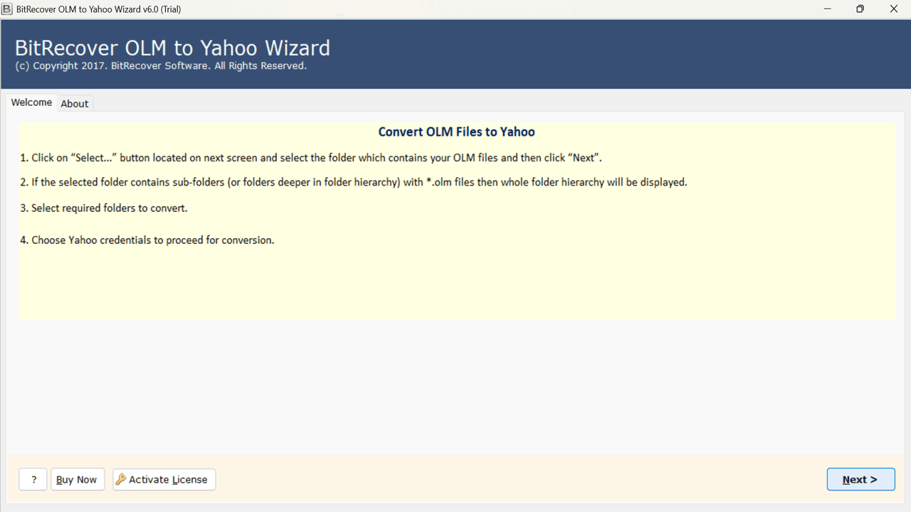 Snapshot 2 of BitRecover for OLM to Yahoo Converter