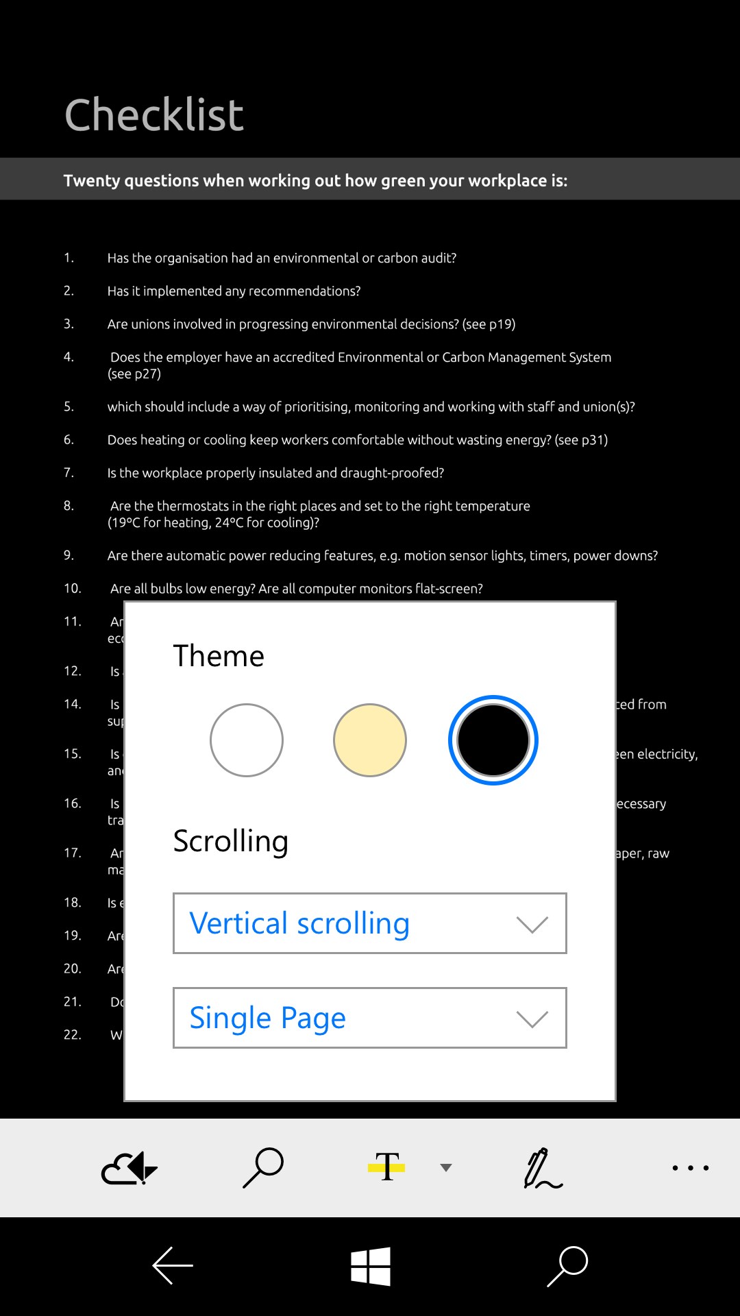 Screenshot: Set the reading modes to fit your reading needs